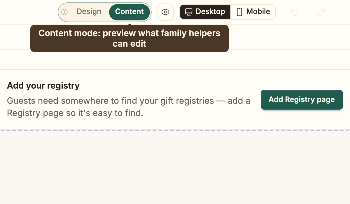 Content mode in the website builder: preview what family helpers can edit