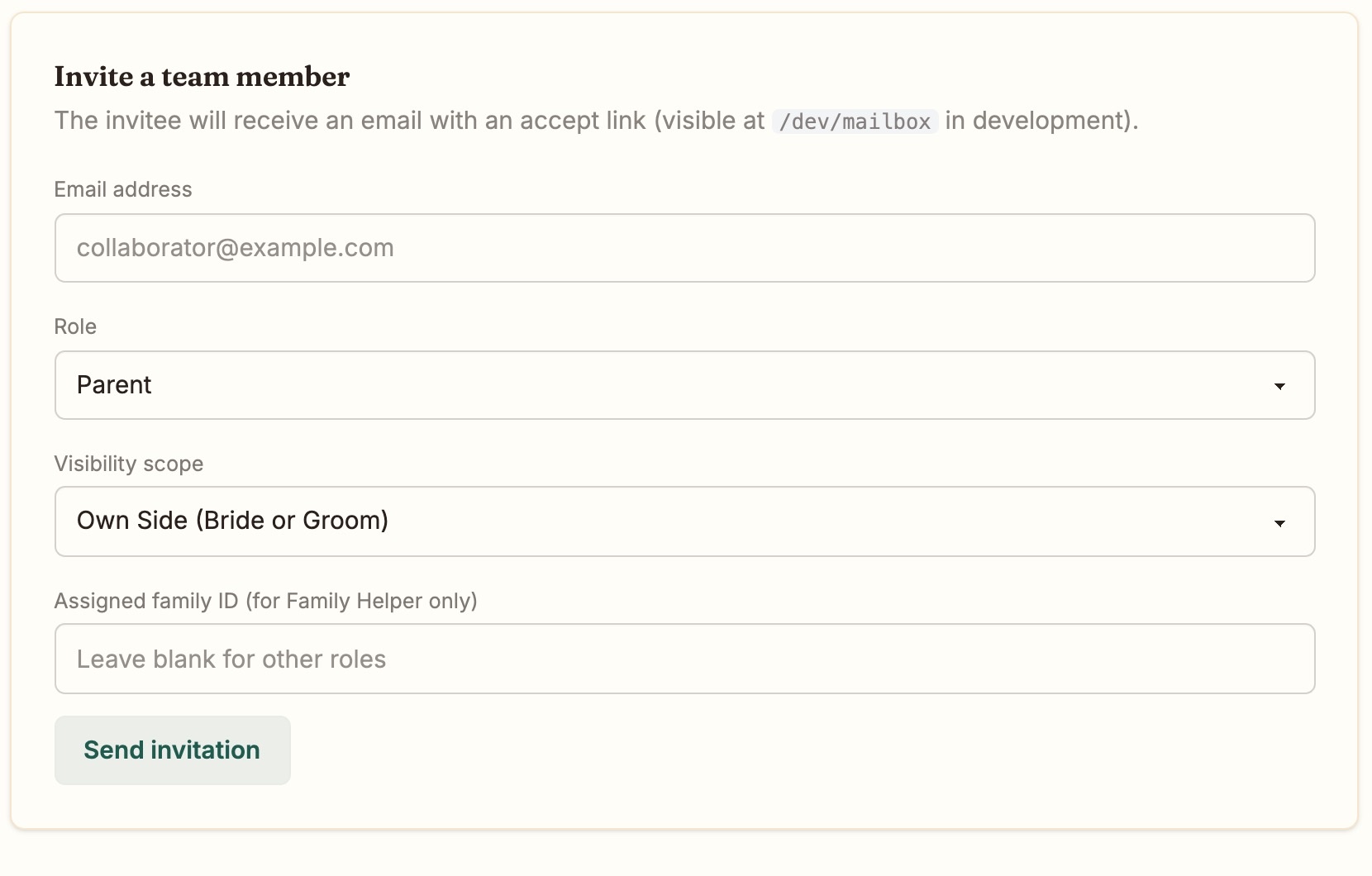 Invite a team member: email, role set to Parent, visibility scope set to Own Side