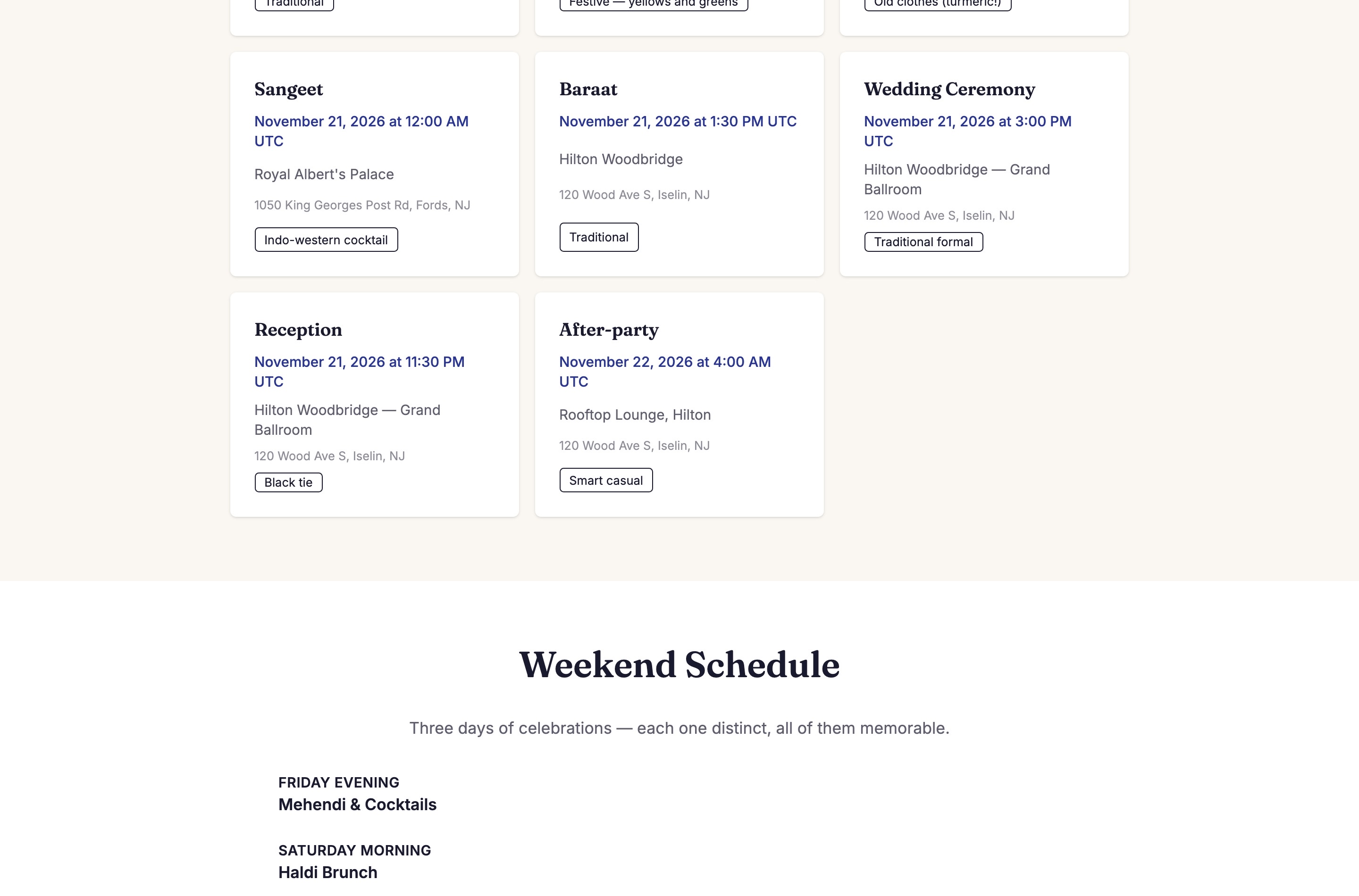 The published weekend schedule on the wedding website